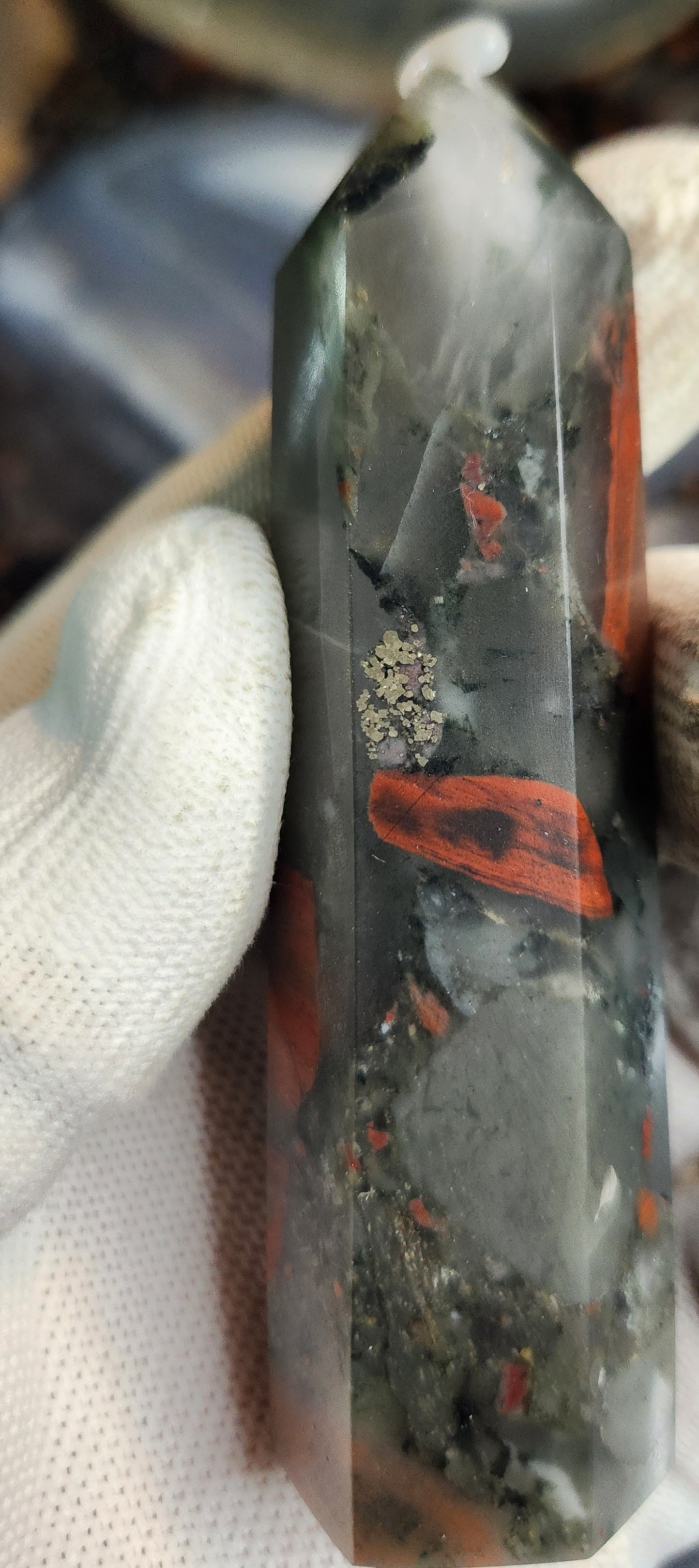 African Bloodstone (Heliotrope) Tower with Pyrite Inclusions | Polished Grounding Crystal Point