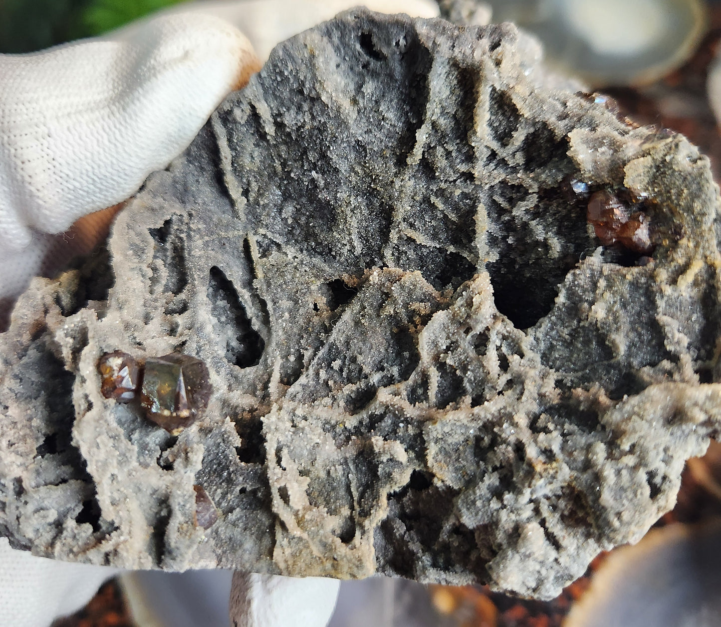 Sphalerite with Garnet Crystals on Matrix – Grounding Zinc Sulfide Mineral with Manifestation Energy