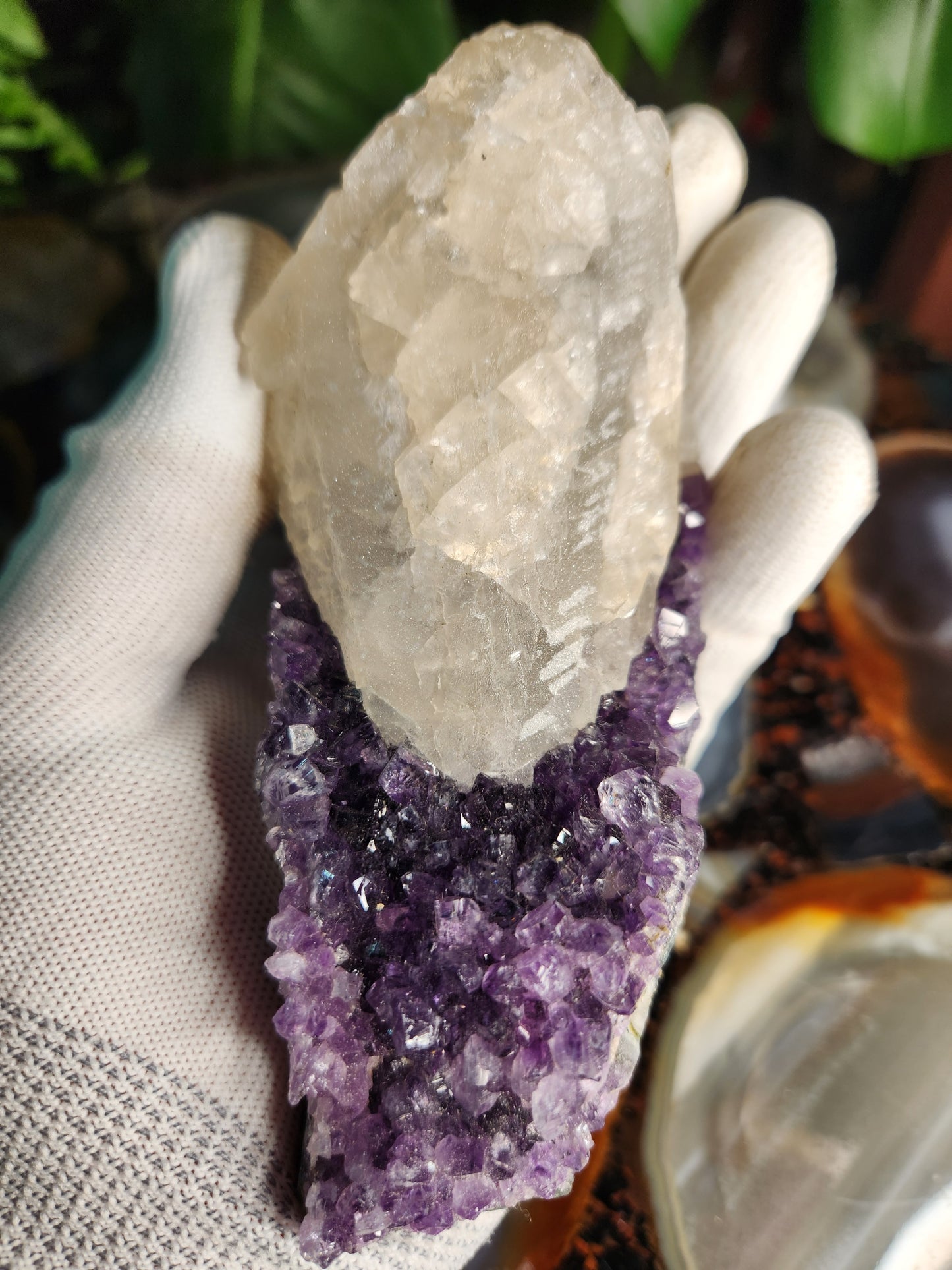 Stunning Dark Purple Brazil Amethyst with Large Calcite Crystal – Collector Grade Healing Stone for Home Décor & Energy Work