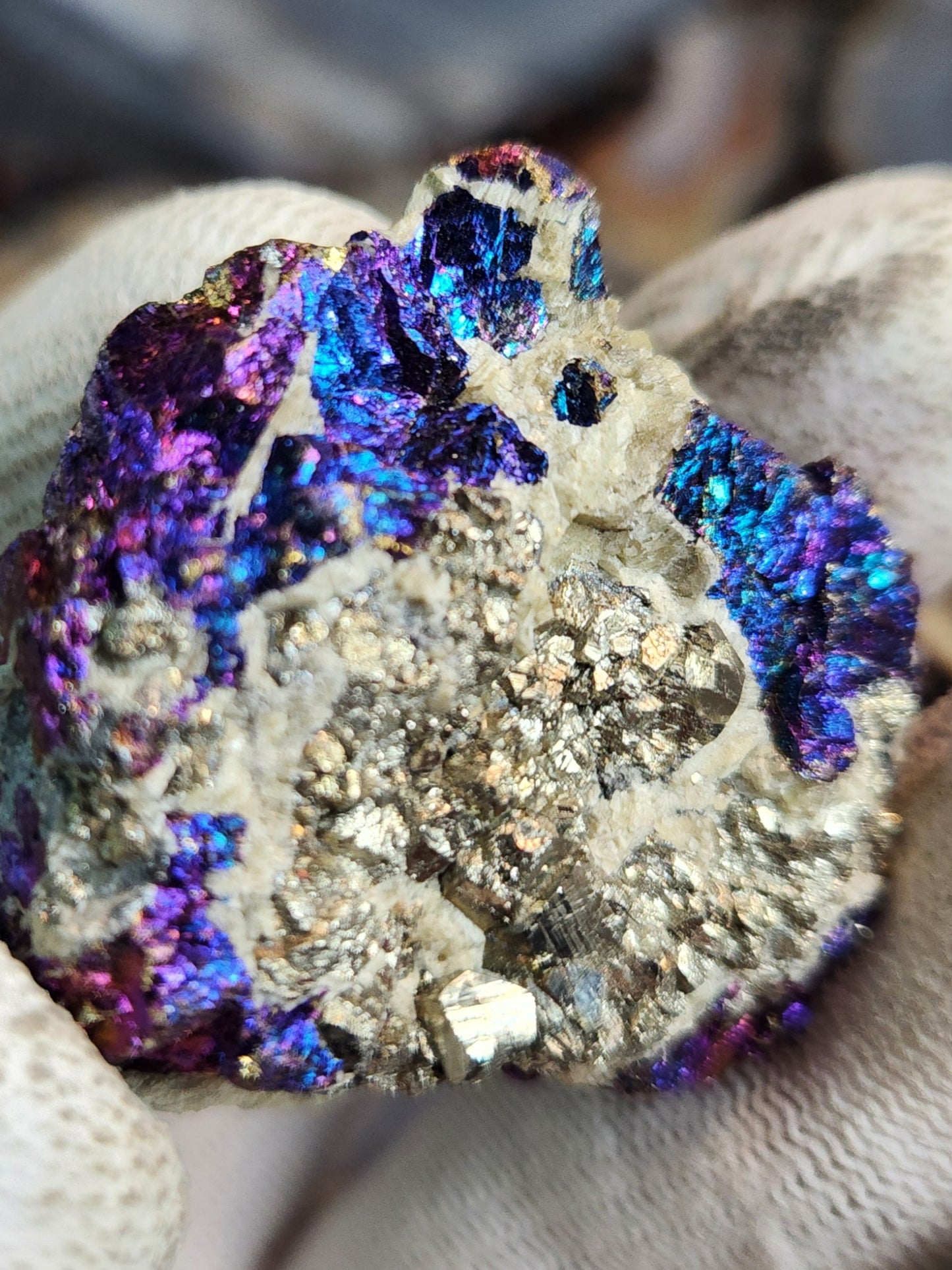 Peacock Ore (Bornite & Chalcopyrite) with Pyrite on Calcite | Iridescent Collector Mineral