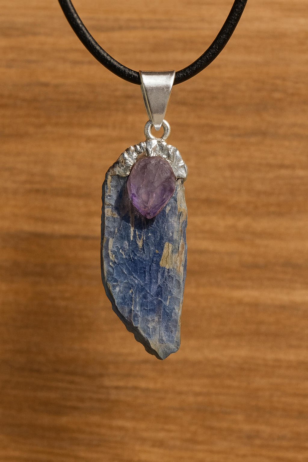 Blue Kyanite & Amethyst Pendant – Natural Crystal Necklace for Intuition & Calm Energy – Handmade Gemstone Healing Jewelry