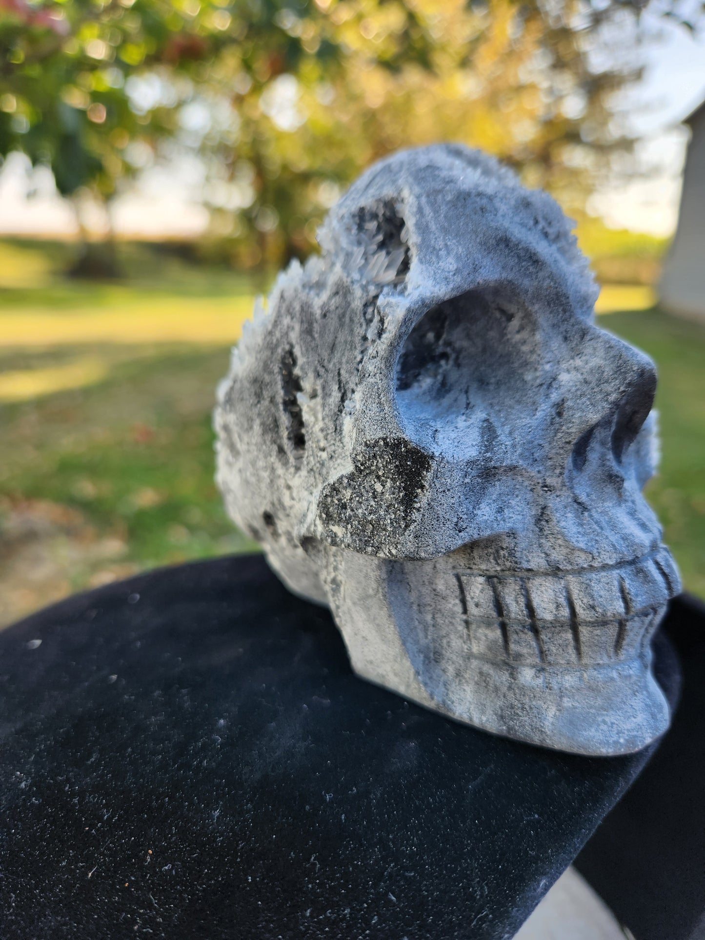 Black and Gray Druzy Quartz Crystal Skull – Unique Hand-Carved Crystal Art