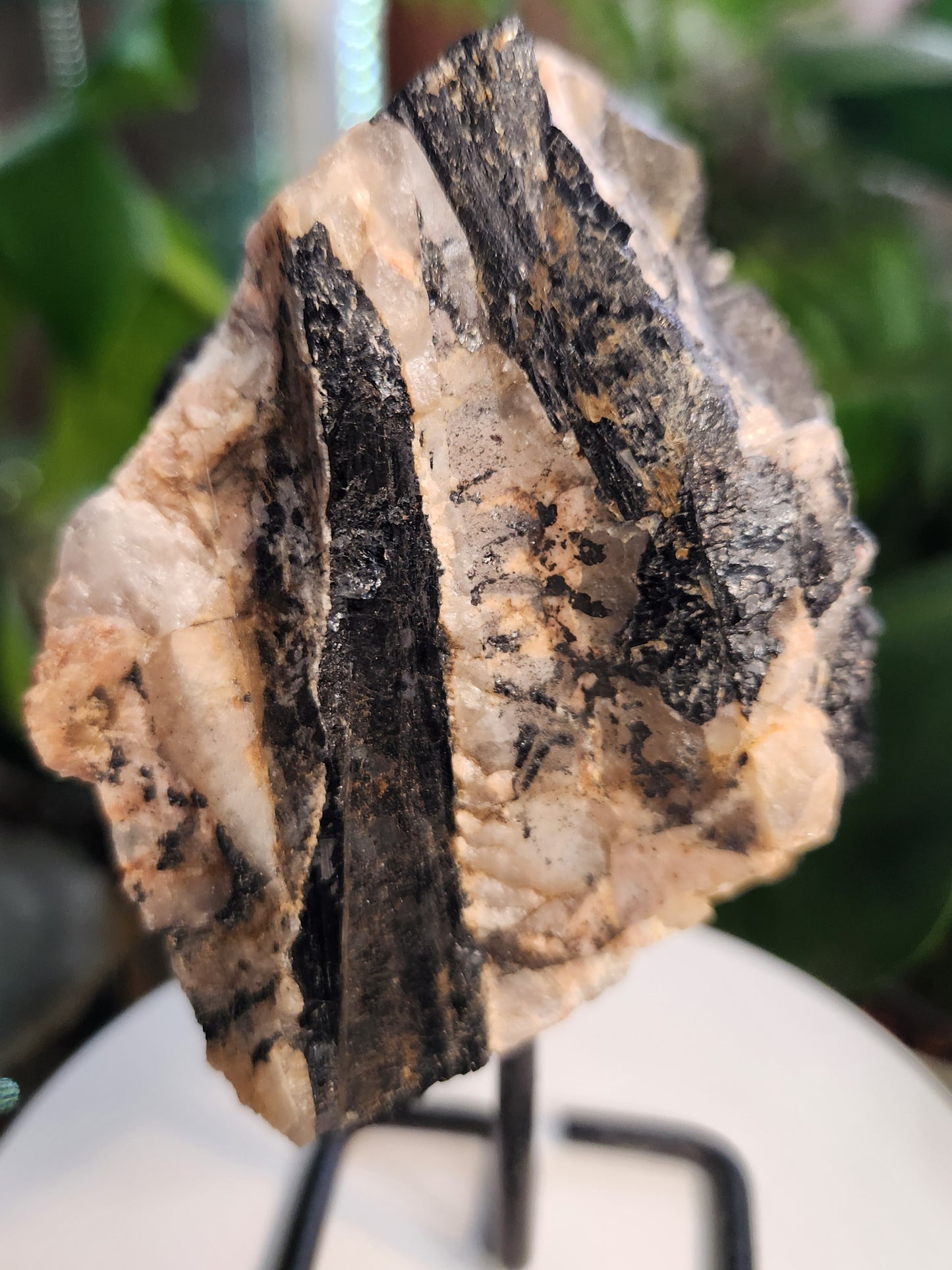 Large Natural Black Tourmaline (Schorl) in Calcite – Raw Tourmaline Crystal Matrix on metal stand