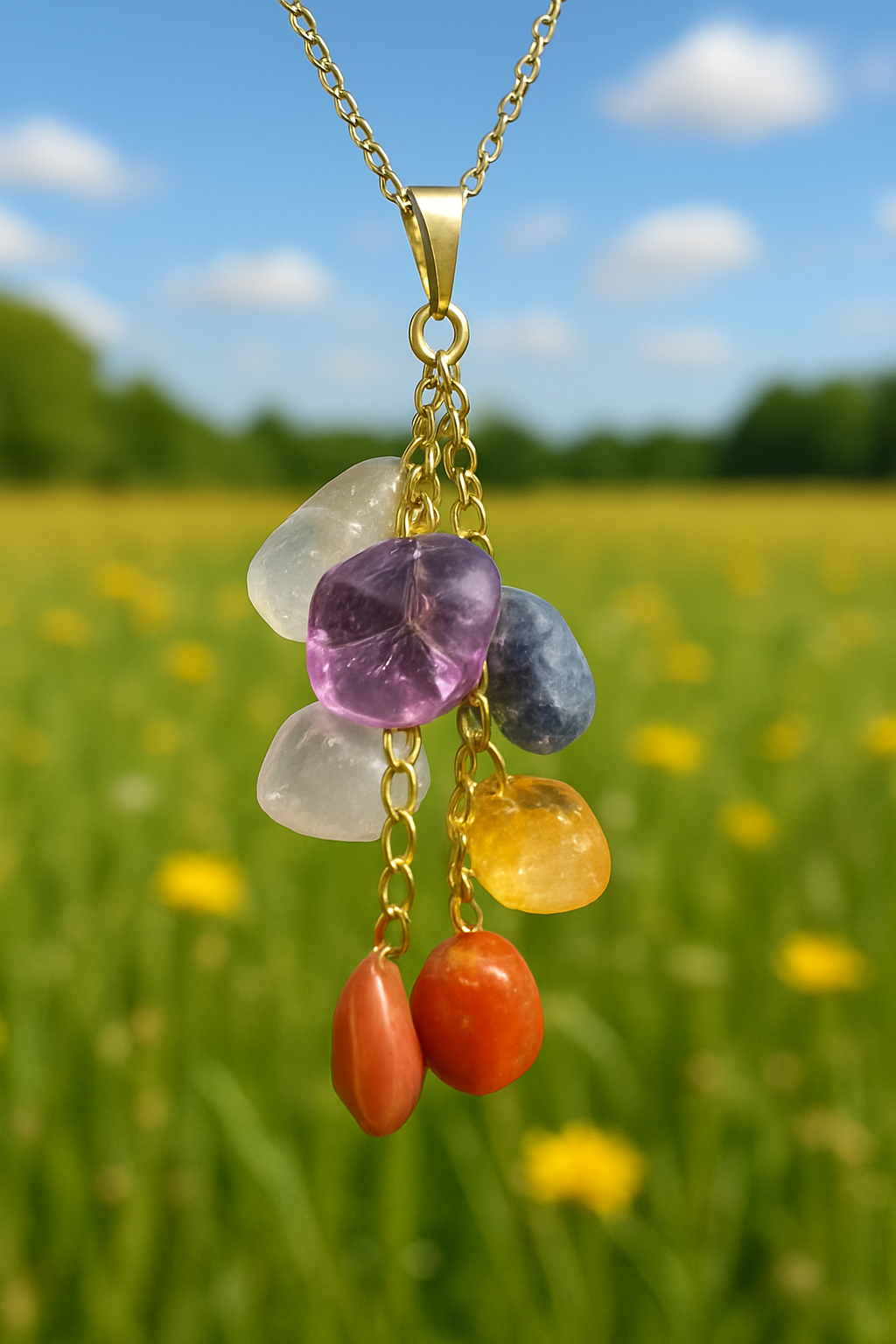 Chakra Crystal Pendant Necklace – Healing Stone Jewelry with Amethyst, Citrine, Carnelian, Clear Quartz & Rose Quartz – Spiritual Gift for Balance & Energy