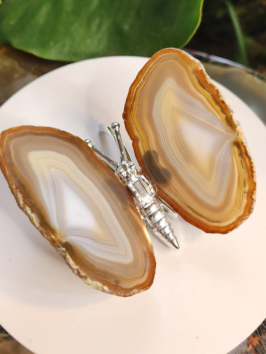 Natural Banded Agate Butterfly – Polished Agate Wings on Metal Body