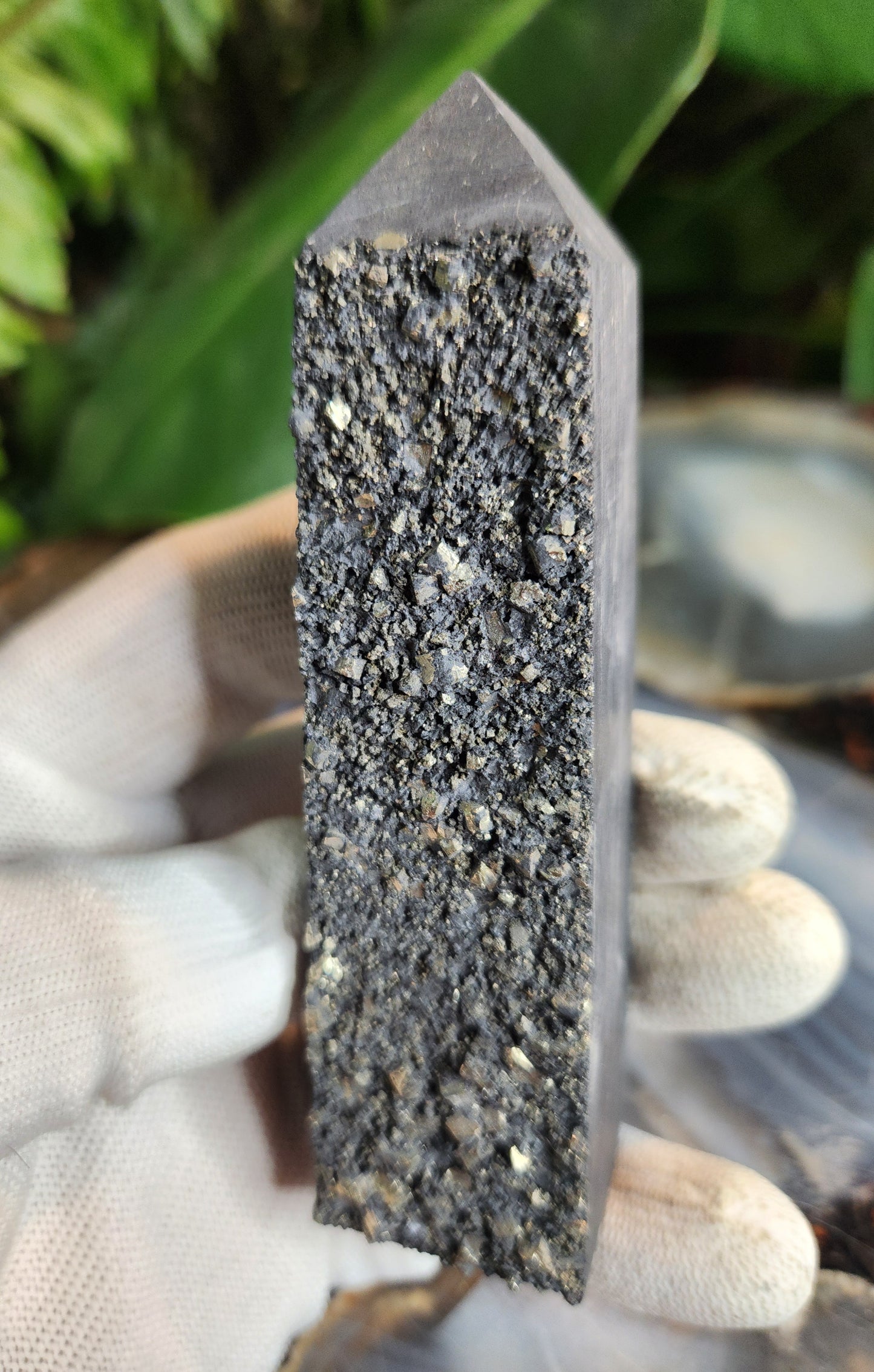 Shungite with Pyrite Crystal Tower | Polished Shungite Point with Natural Pyrite Inclusions