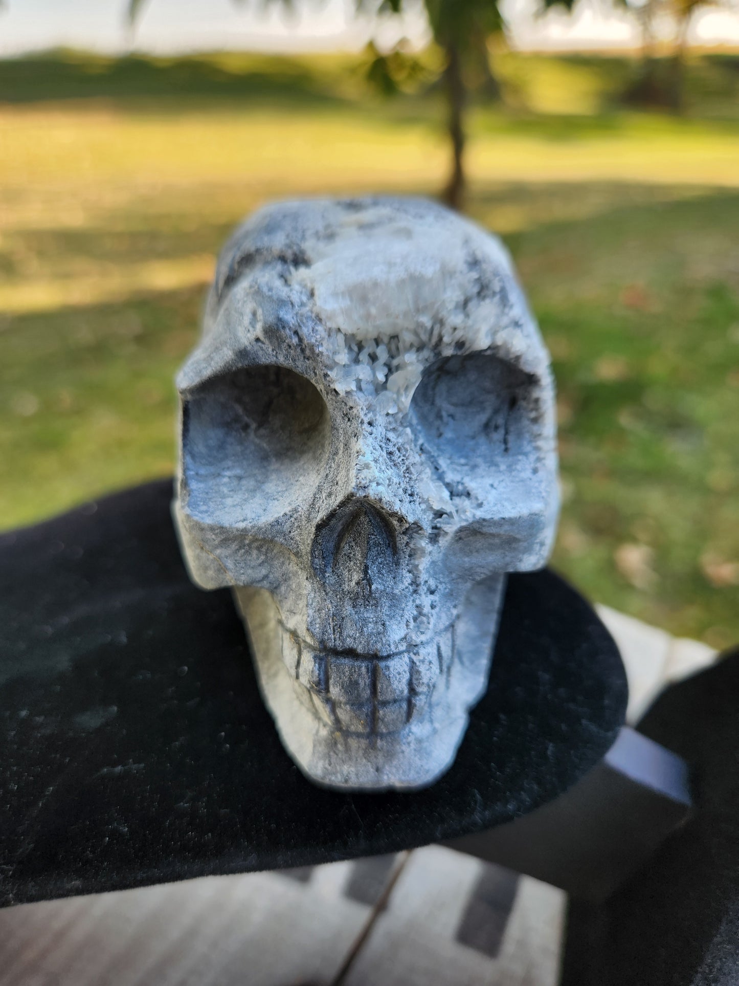Hand-Carved Quartz Crystal Skull with Druzy Cluster – Unique Tribal Skull, Healing Stone, Spiritual Décor, Gothic Gift.