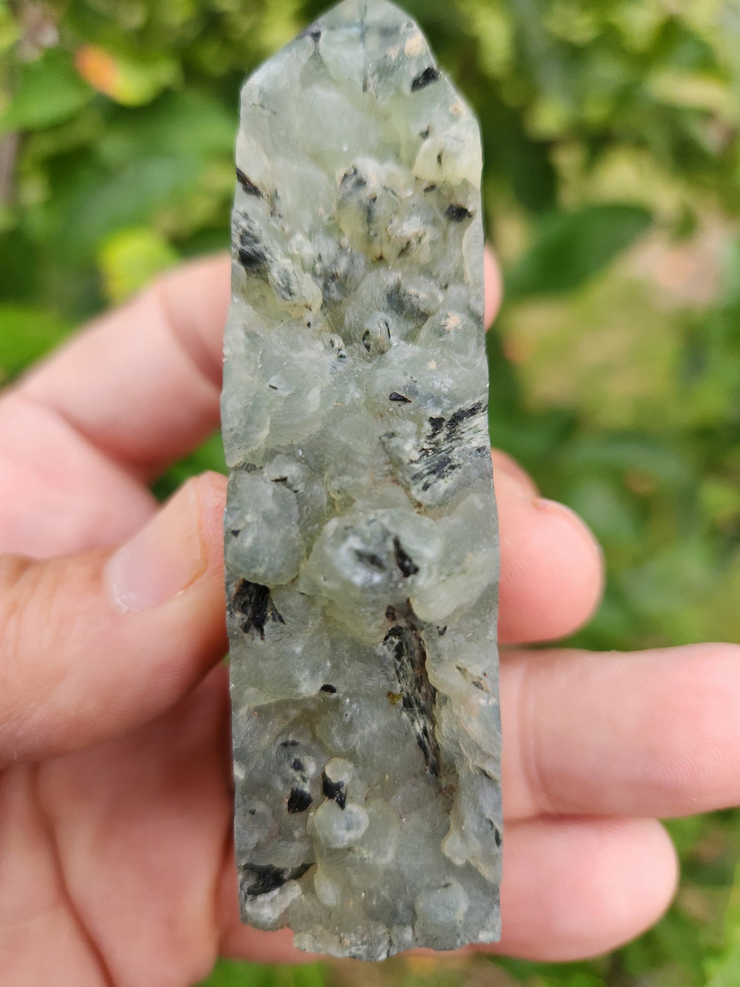 Prehnite Tower with Tourmaline Inclusions - Calming and Protective Energy