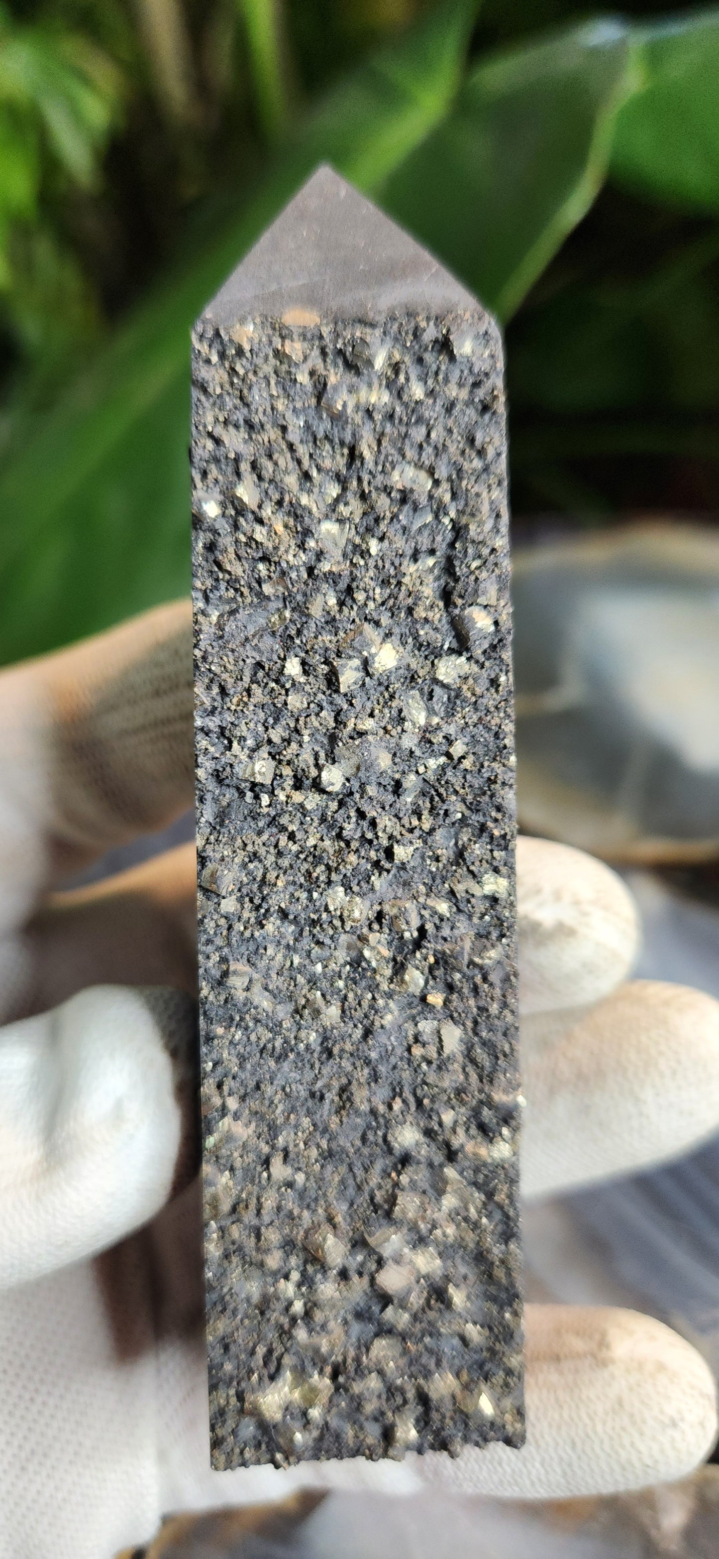 Shungite with Pyrite Crystal Tower | Polished Shungite Point with Natural Pyrite Inclusions