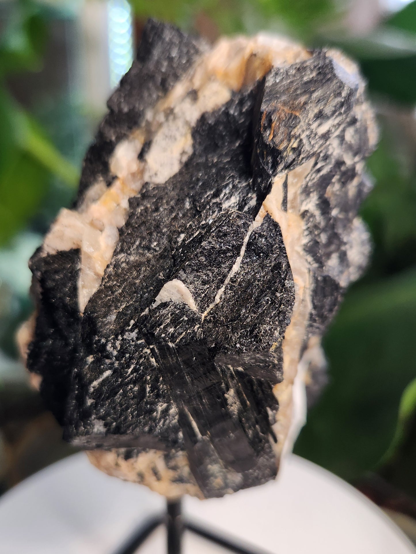 Large Natural Black Tourmaline (Schorl) in Calcite – Raw Tourmaline Crystal Matrix on metal stand