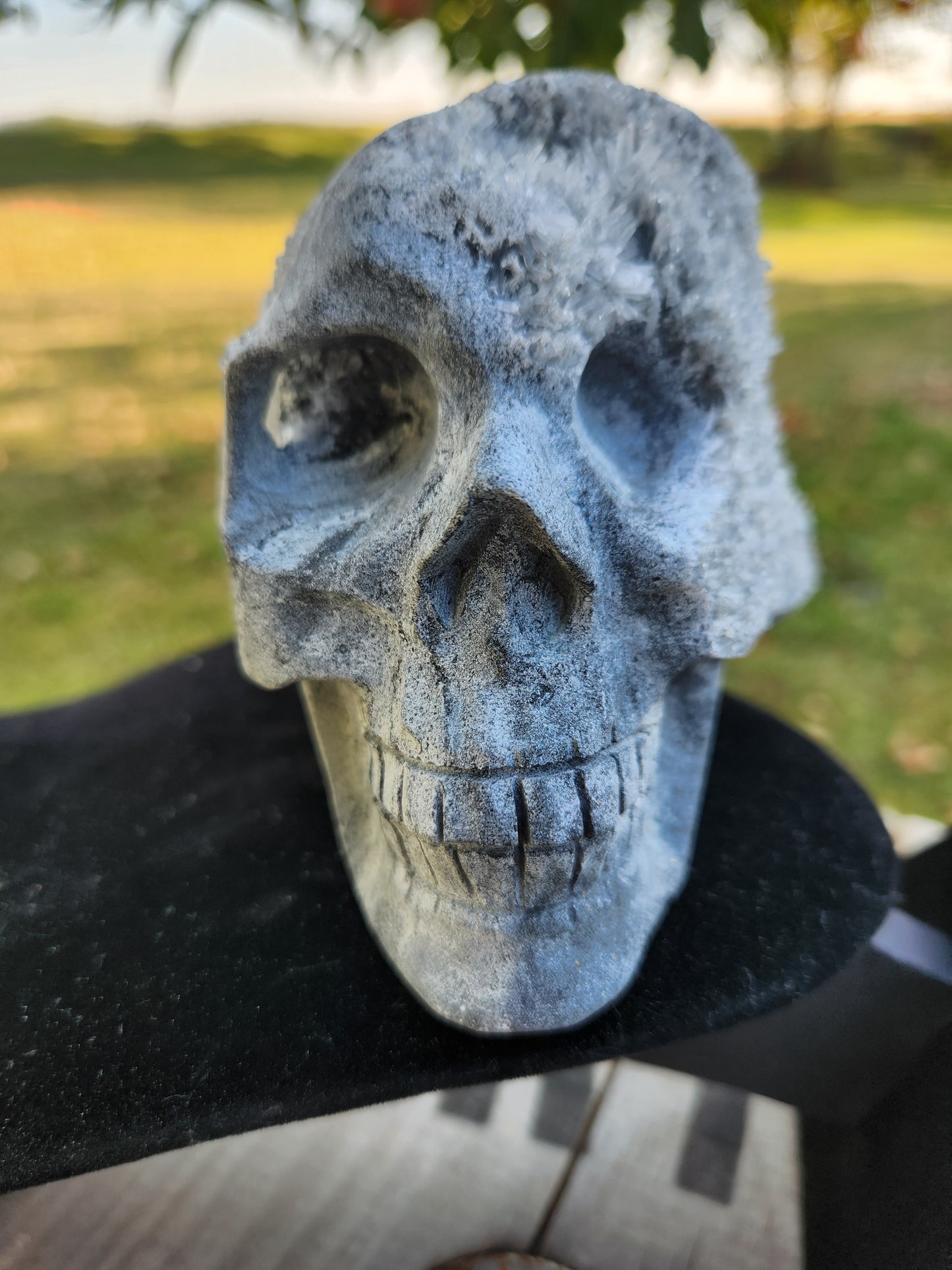 Black and Gray Druzy Quartz Crystal Skull – Unique Hand-Carved Crystal Art