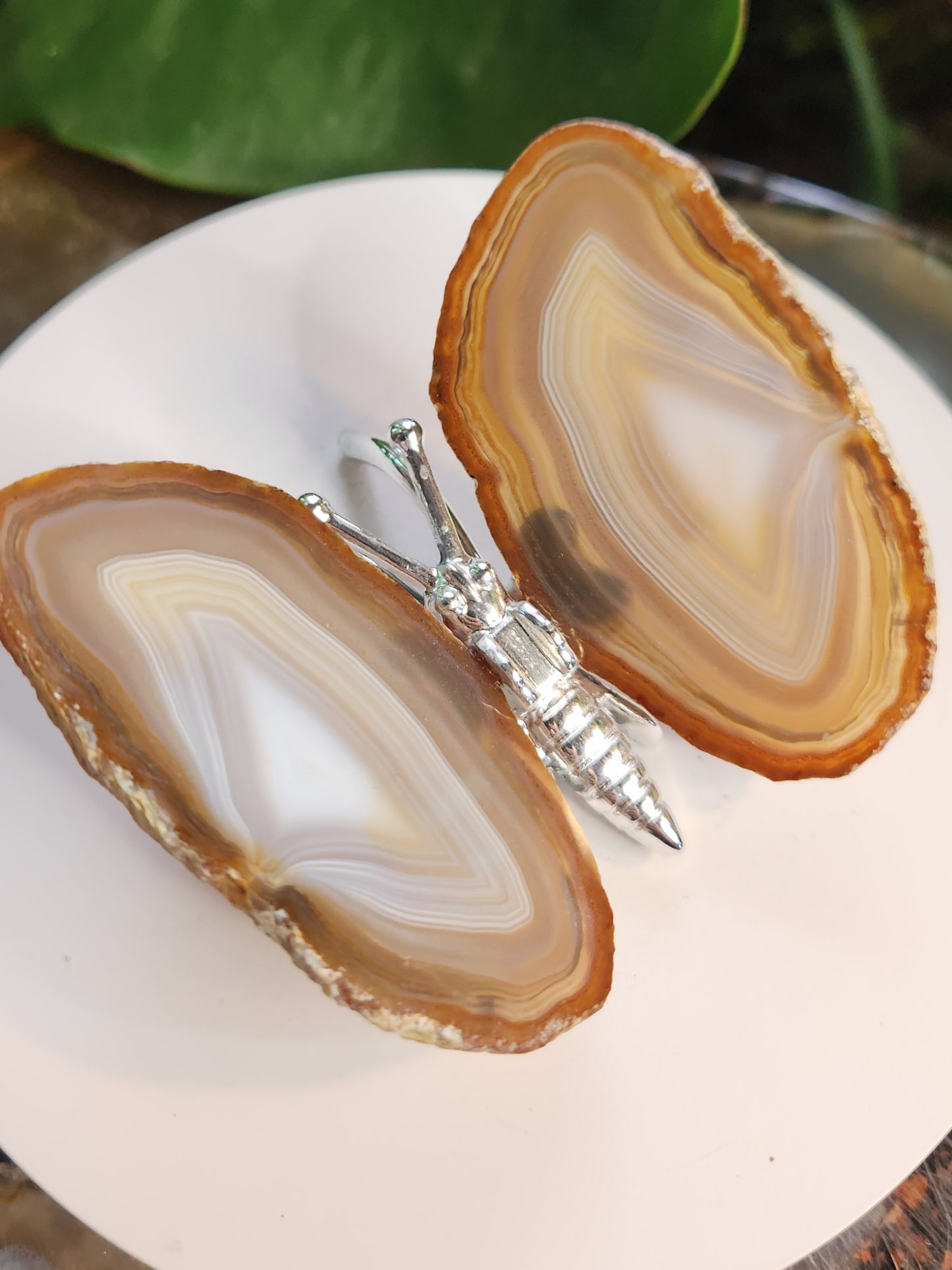 Natural Banded Agate Butterfly – Polished Agate Wings on Metal Body