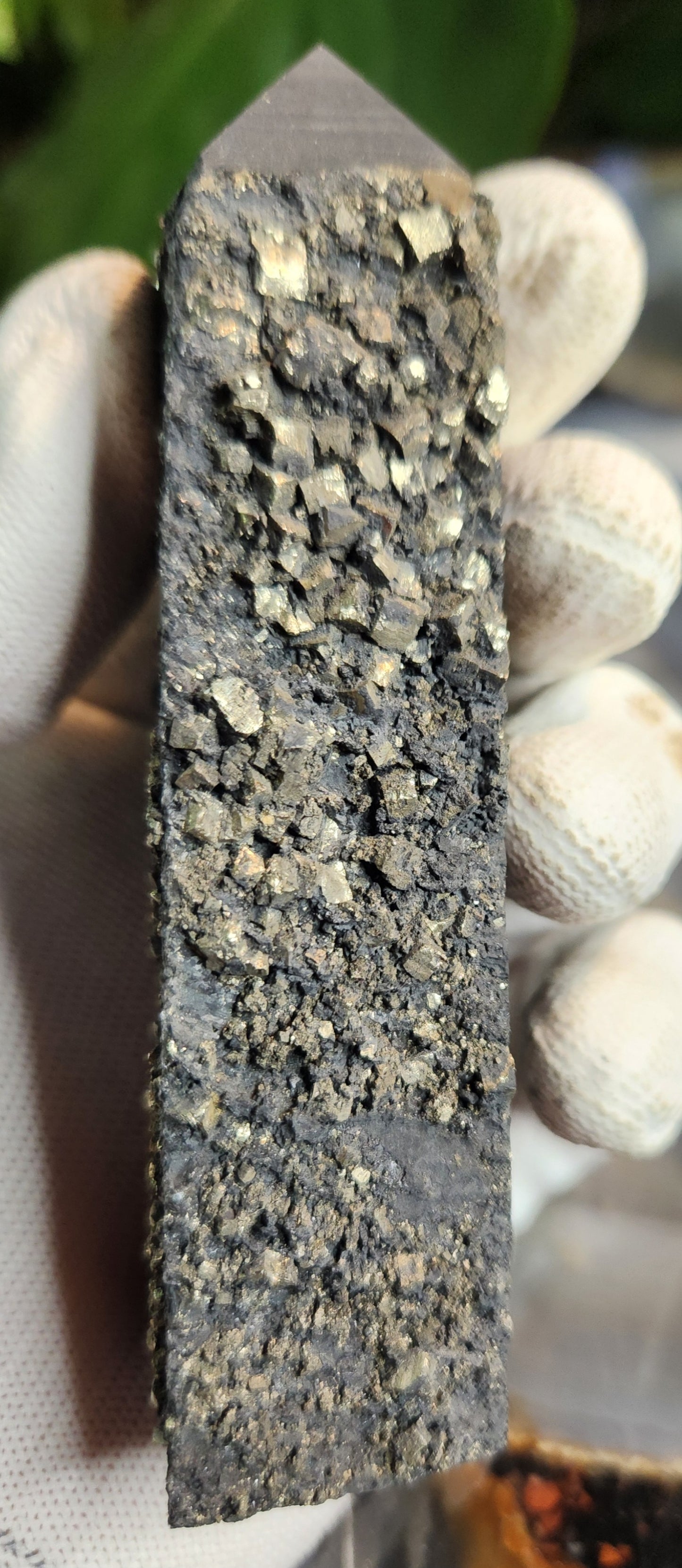 Shungite with Pyrite Crystal Tower | Polished Shungite Point with Natural Pyrite Inclusions