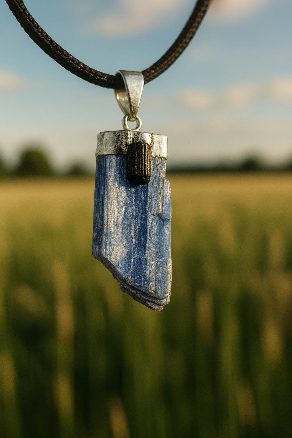 Blue Kyanite & Black Tourmaline Pendant – Natural Crystal Necklace for Protection & Energy Alignment – Handmade Gemstone Jewelry