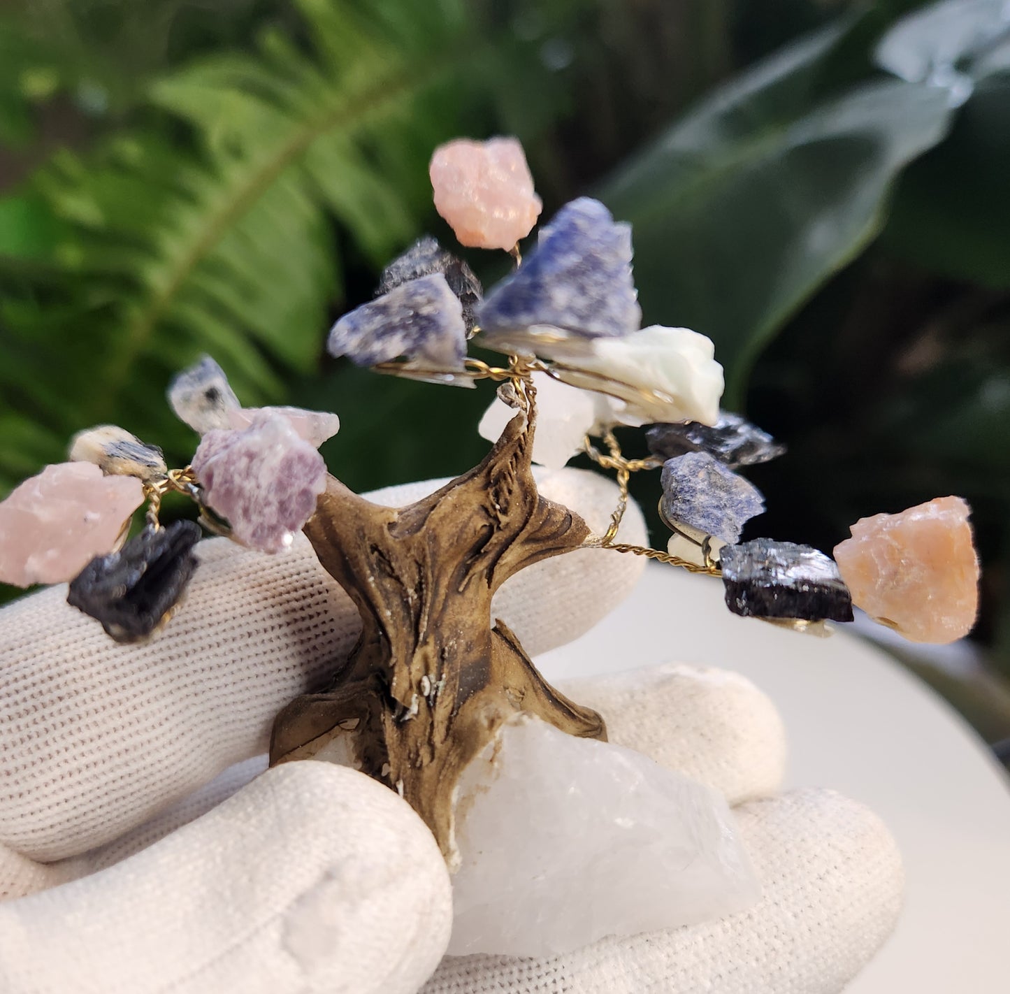 Mixed Gemstone Crystal Tree on Quartz Base | Rose Quartz, Sodalite & Black Tourmaline Healing Decor