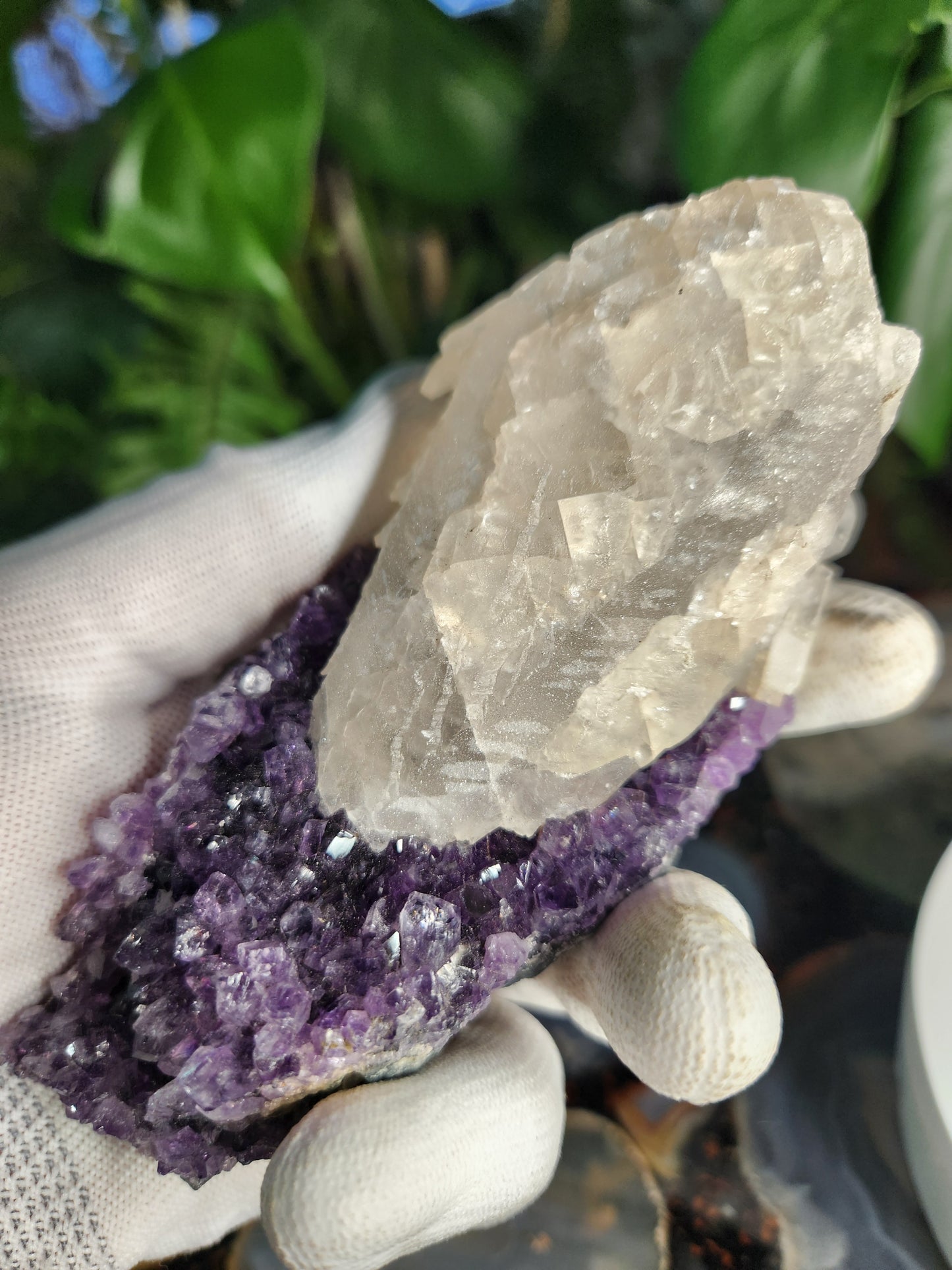 Stunning Dark Purple Brazil Amethyst with Large Calcite Crystal – Collector Grade Healing Stone for Home Décor & Energy Work
