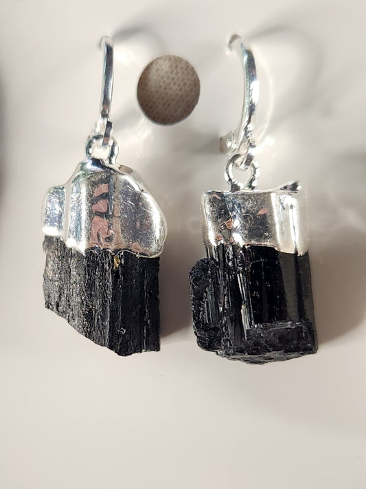 Natural Black Tourmaline Crystal Earrings | Raw Schorl Dangle Earrings | Grounding Protection Stone Jewelry | One of a Kind