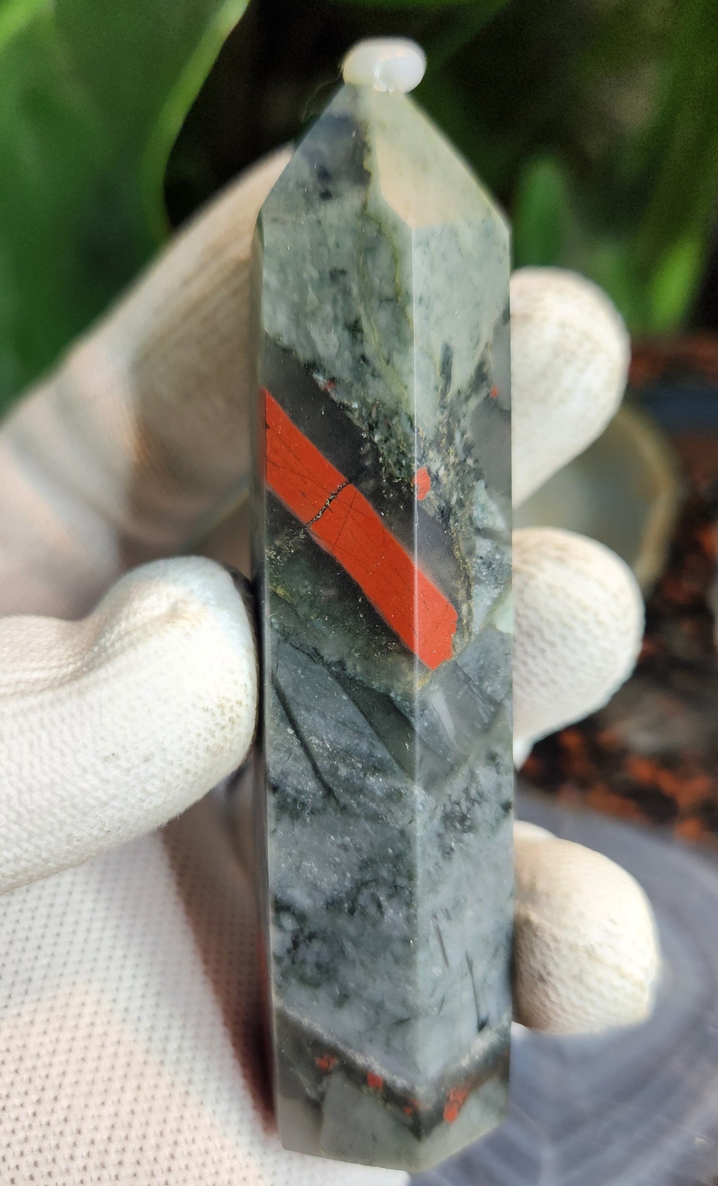African Bloodstone (Heliotrope) Tower with Pyrite Inclusions | Polished Grounding Crystal Point