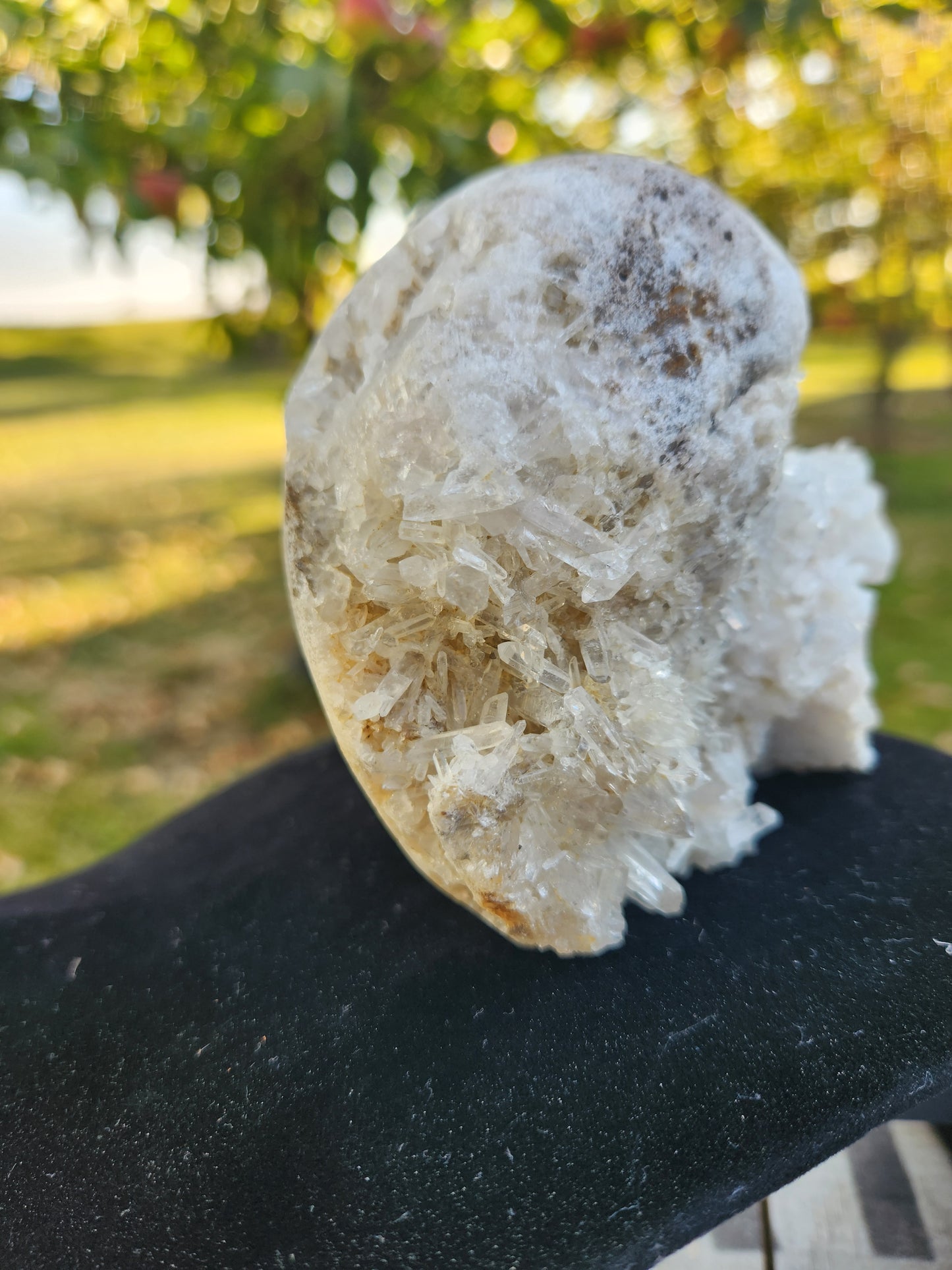 Natural Crystal Skull Carving – Unique White & Brown Druzy Quartz  with Sphalerite