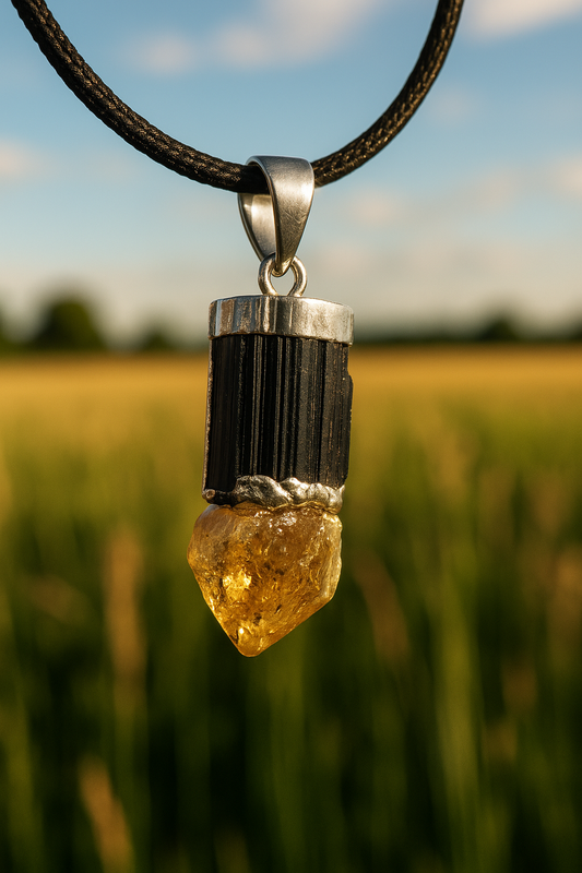 Raw Citrine & Black Tourmaline Pendant – Natural Crystal Necklace for Protection, Abundance & Energy Balance – Handmade Gemstone Jewelry