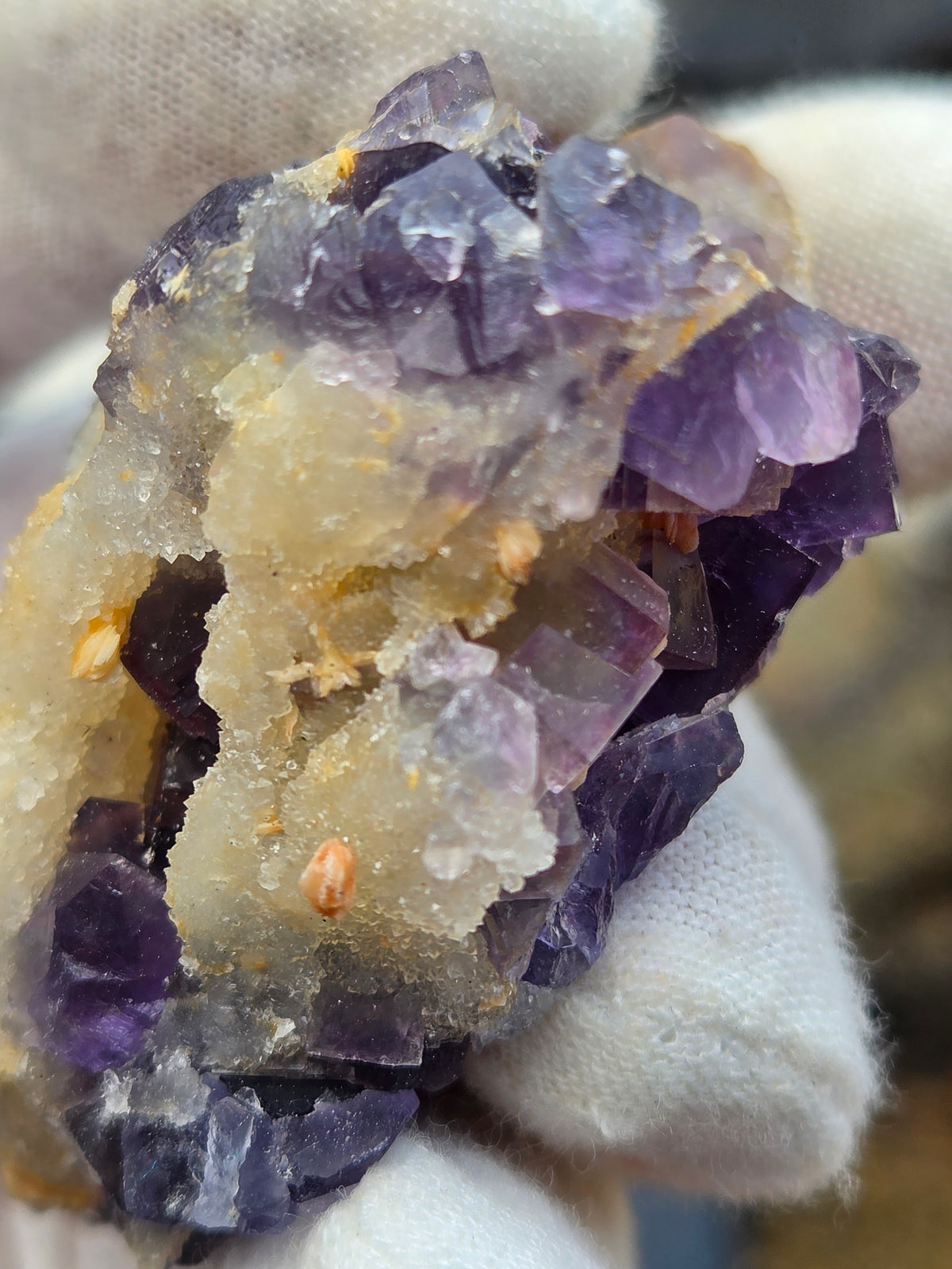 Purple Fluorite Crystal Cluster on Sugar Calcite | Natural Violet Calcite
