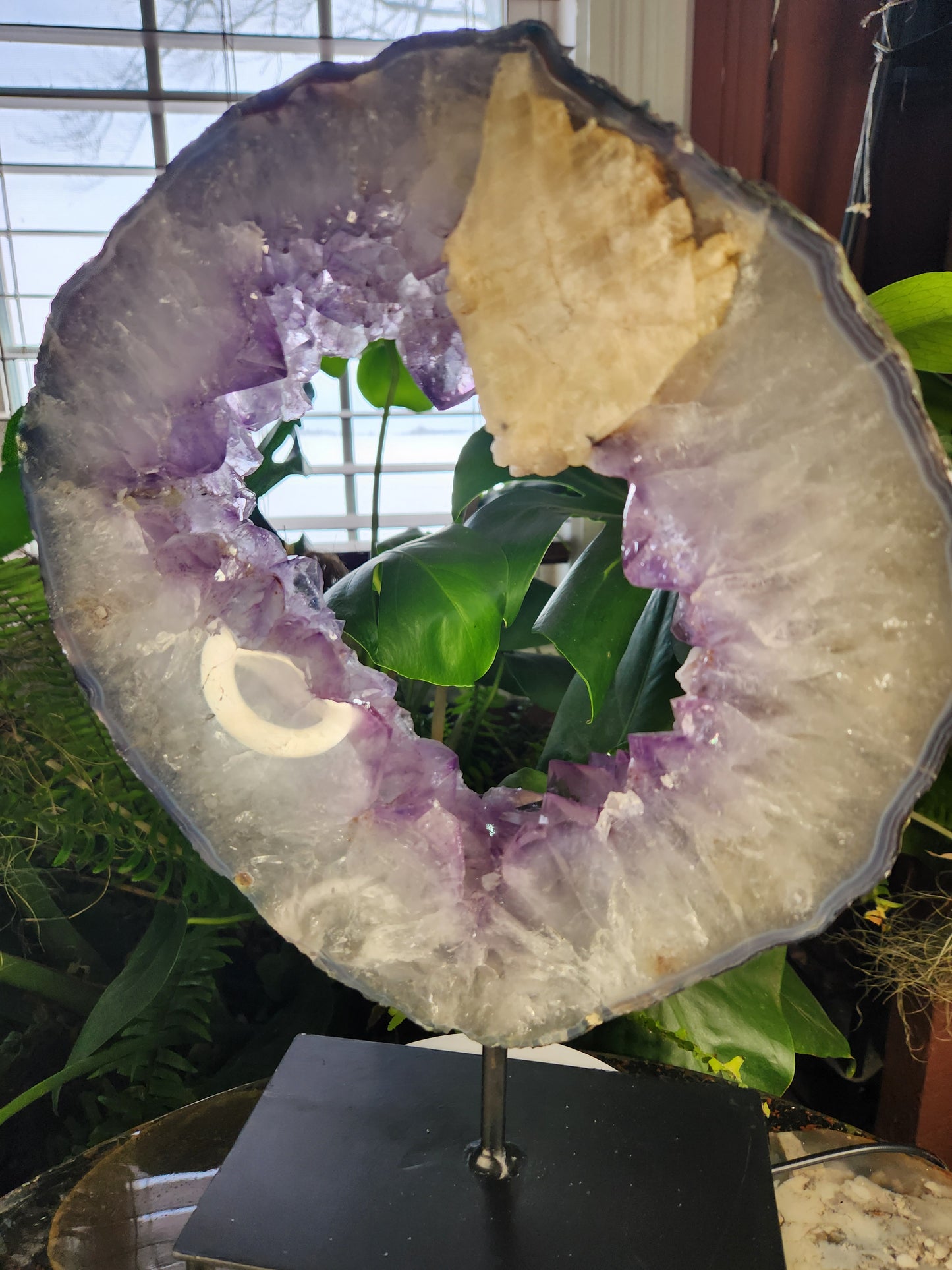 Powerful Amethyst Portal Ring – with Large Calcite Inclusion - Gateway to Higher Realms, Calming Serenity & Emotional Balance Crystal