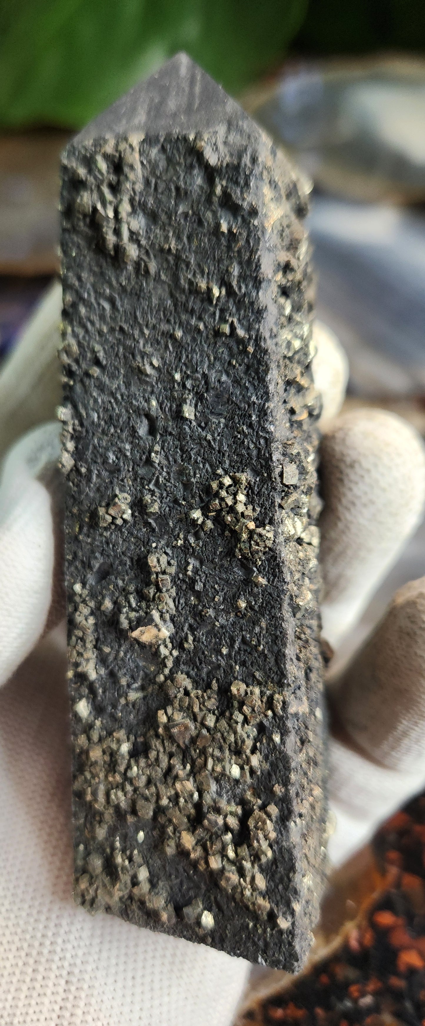 Shungite with Pyrite Crystal Tower | Polished Shungite Point with Natural Pyrite Inclusions