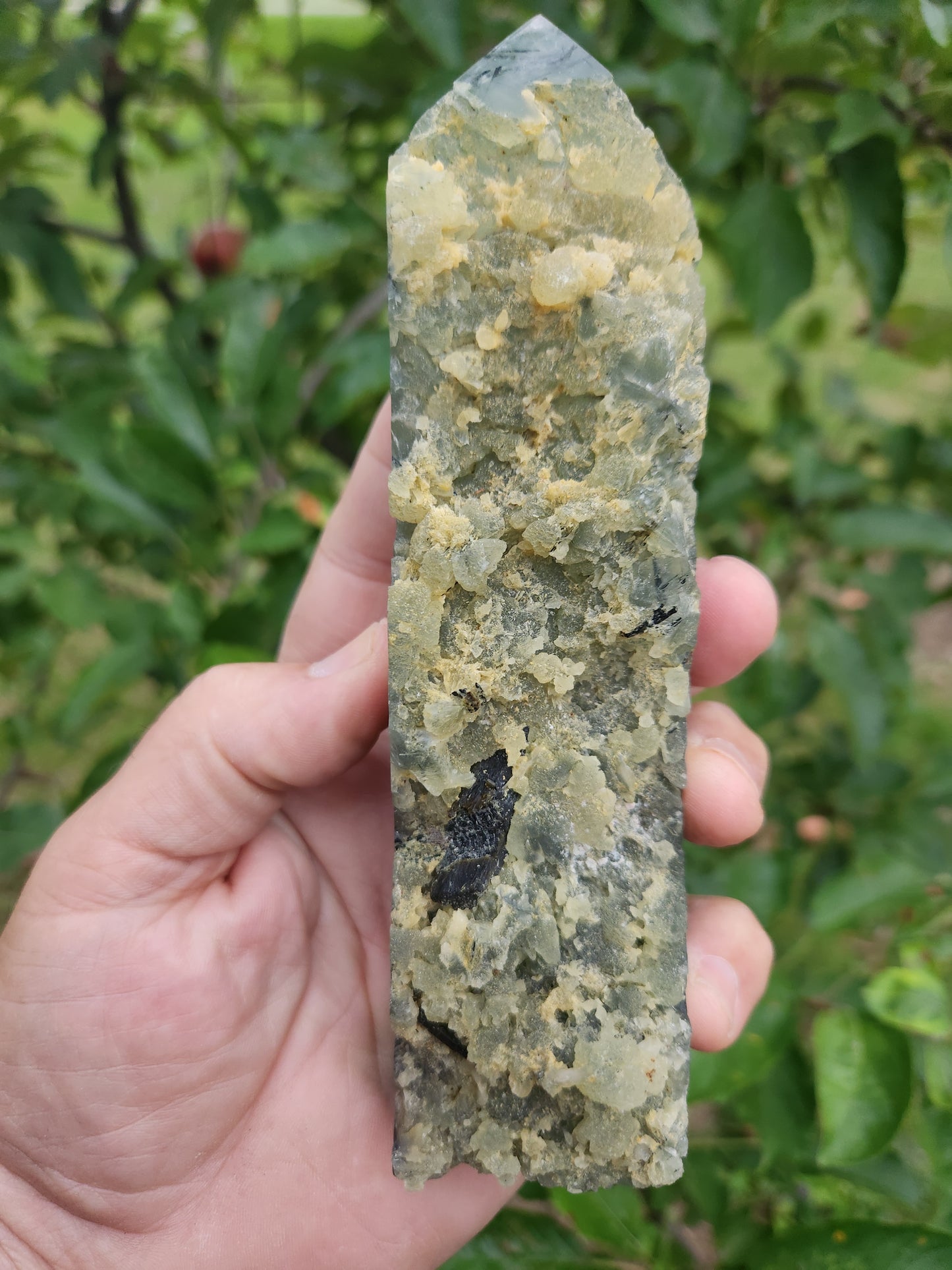 Large Prehnite Tower with Black Tourmaline inclusions - Calming and Protective