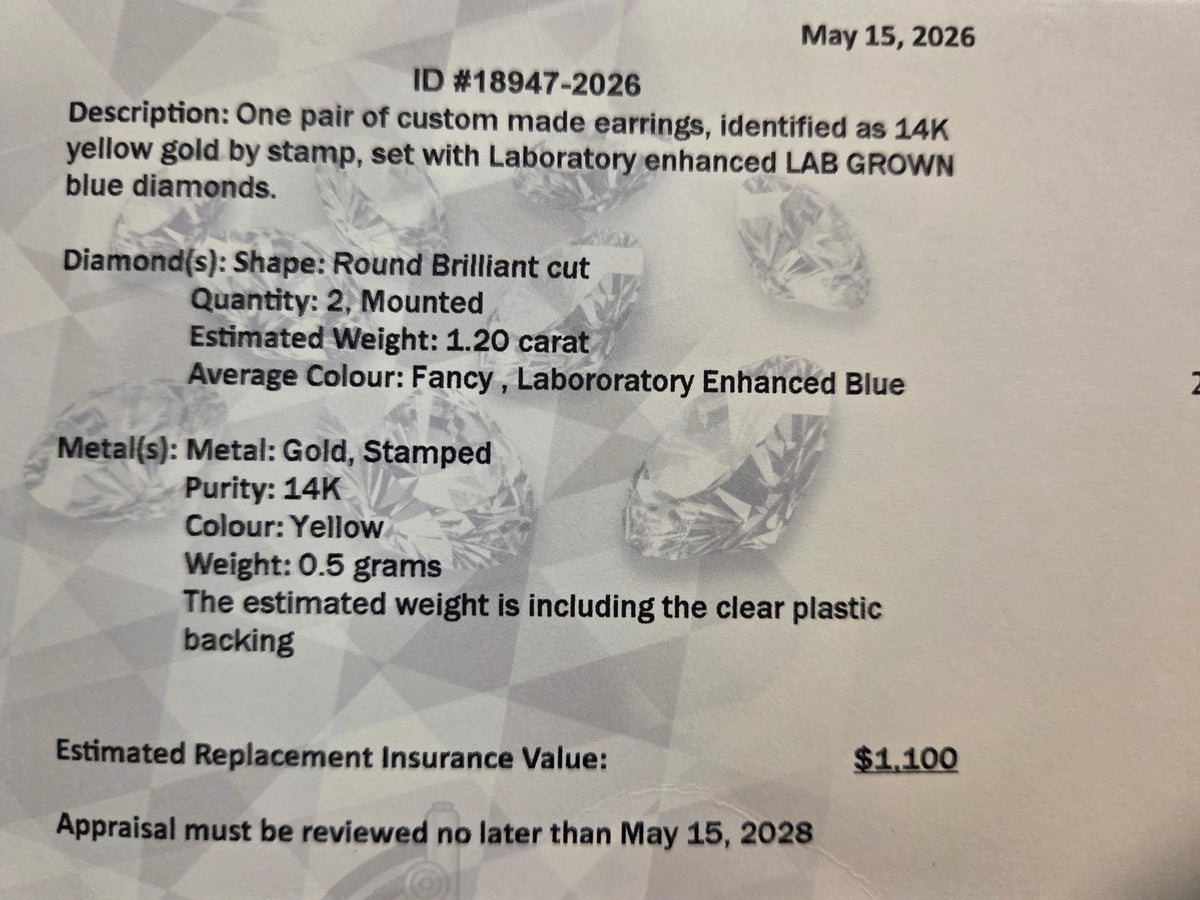 1.20 CTW Lab Grown Blue Diamond Stud Earrings – 14K Yellow Gold