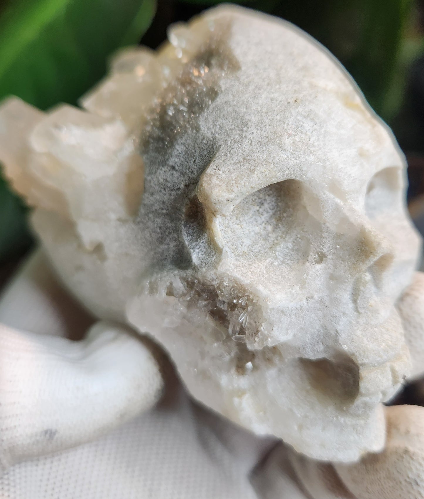 Hand-Carved Quartz Crystal Skull with Natural Druzy Cavities & Large Quartz Formations