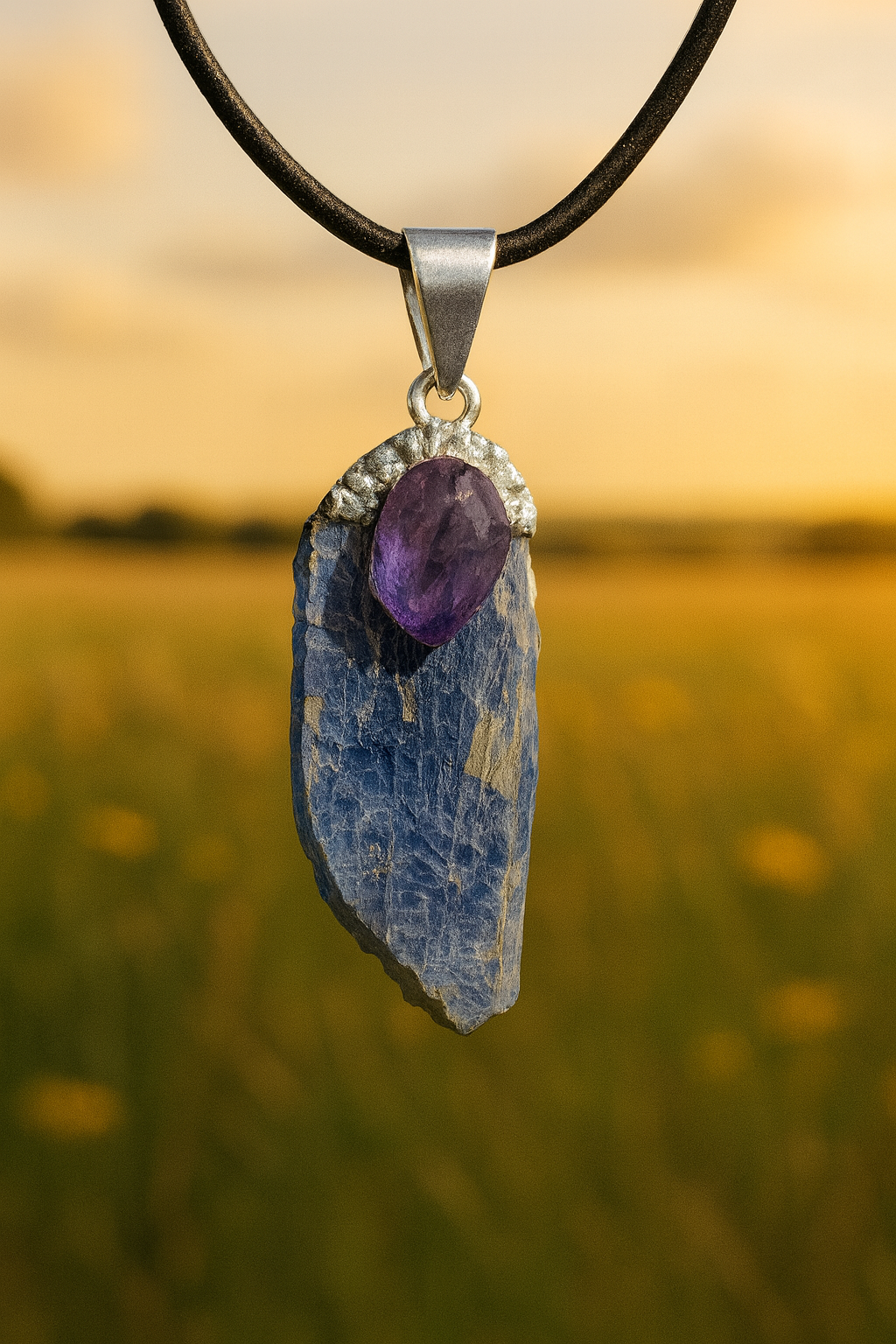 Blue Kyanite & Amethyst Pendant – Natural Crystal Necklace for Intuition & Calm Energy – Handmade Gemstone Healing Jewelry