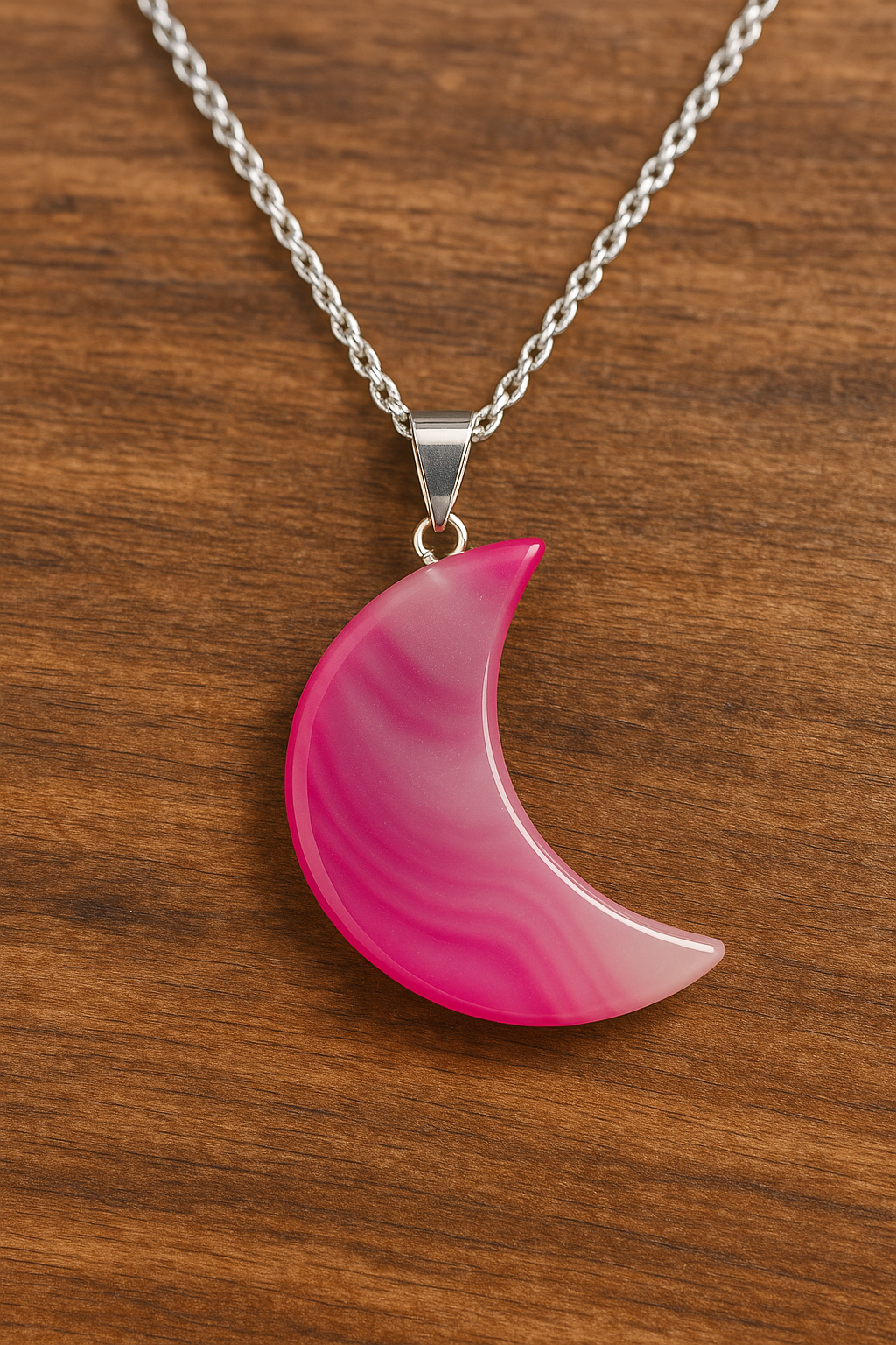 Pink Agate Crescent Moon Pendant Necklace – Healing Crystal Jewelry, Spiritual Balance, Boho Celestial Gift for Her