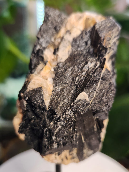 Large Natural Black Tourmaline (Schorl) in Calcite – Raw Tourmaline Crystal Matrix on metal stand