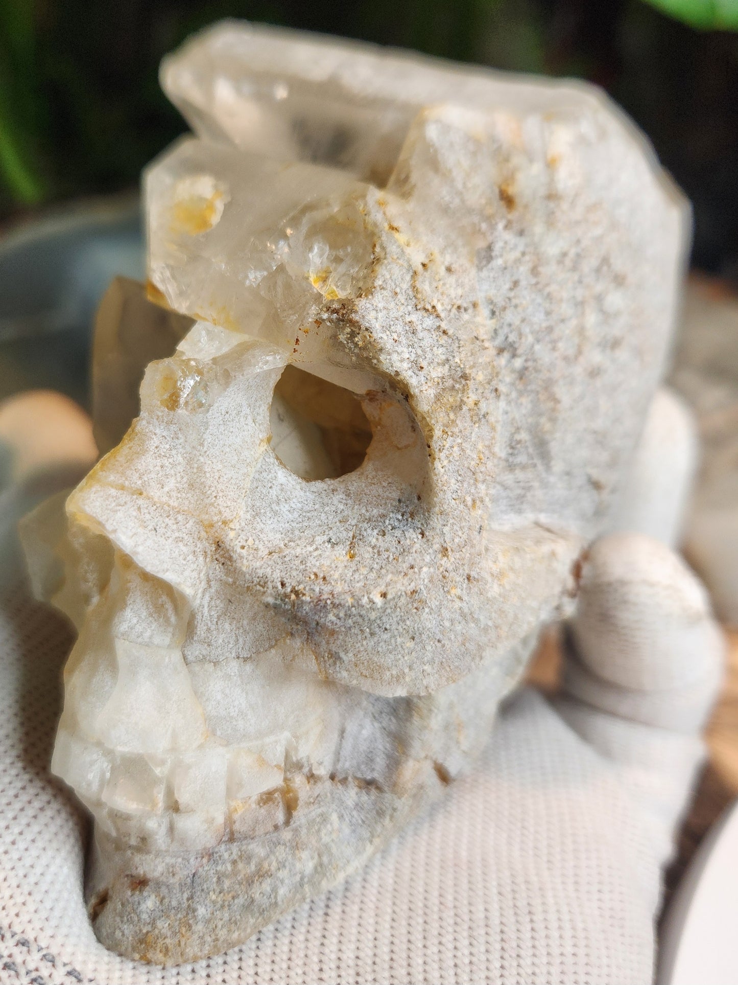 Stunning Hand-Carved Quartz Skull with Druzy & Natural Crystal Formations