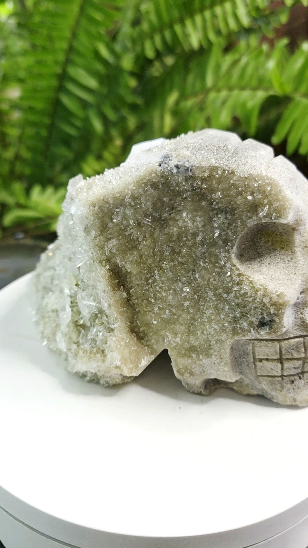 Druzy Quartz on Sphalerite hand-carved crystal skull - angle 1