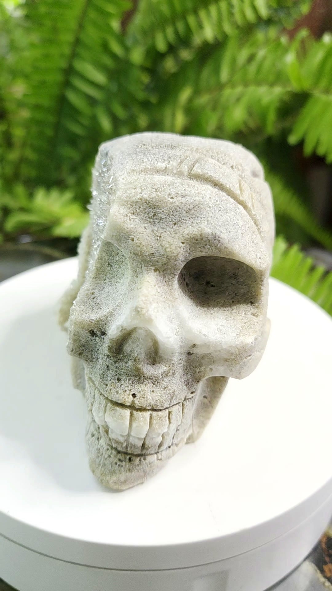 Druzy Quartz on Sphalerite hand-carved crystal skull - angle 5